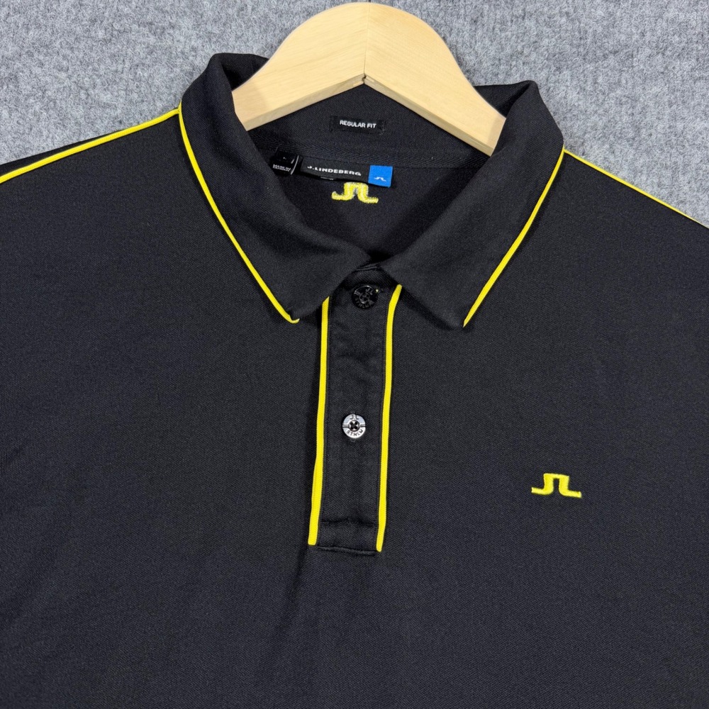J.Lindeberg Tomi Lux Piquet Polo Large Black Yellow Nylon EUC GMJT00360‎